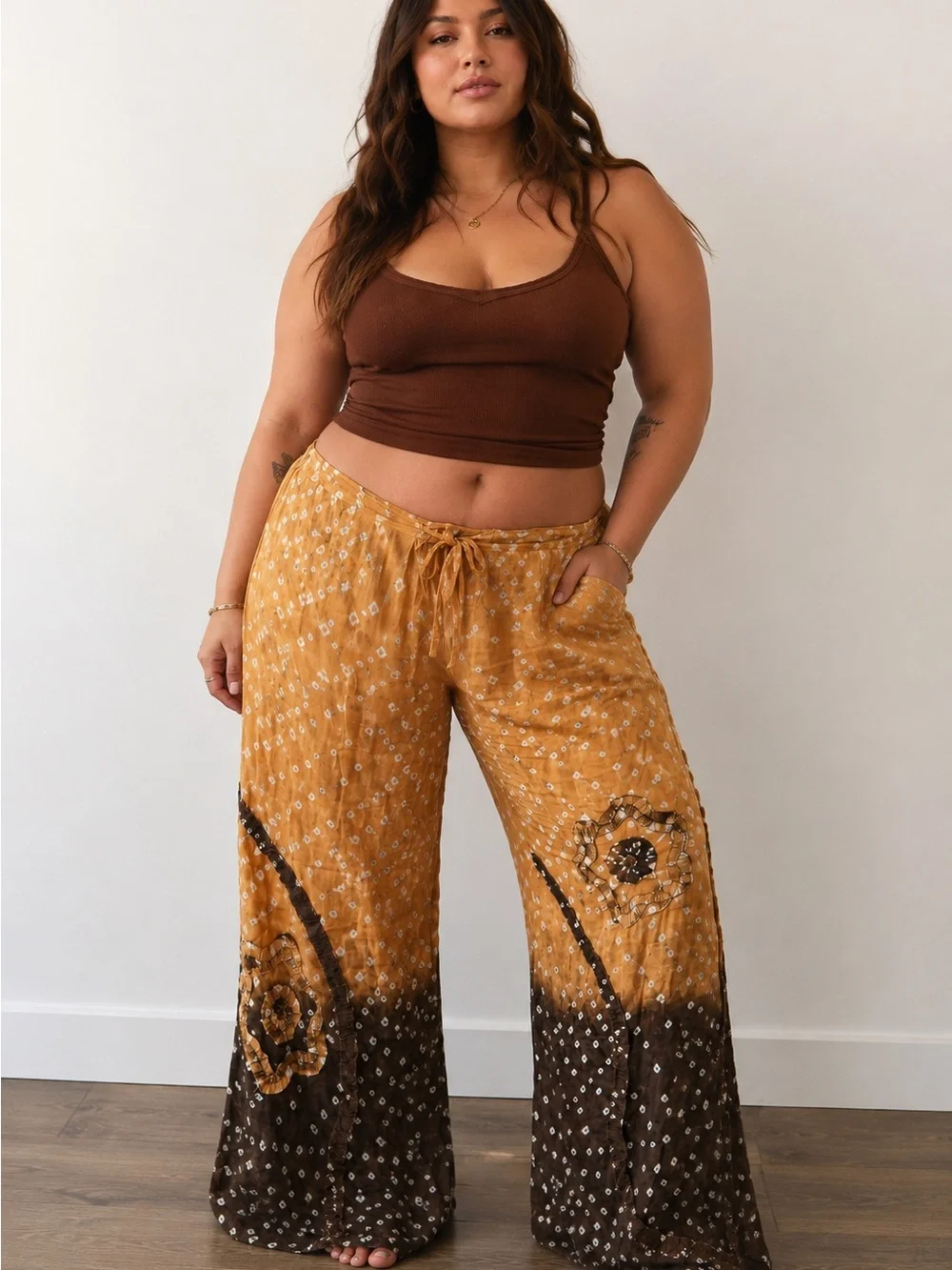 Y2K Boho Wide Leg Gauze Feel Festival Pants  Floral Appliqué XL Semi Sheer Beach